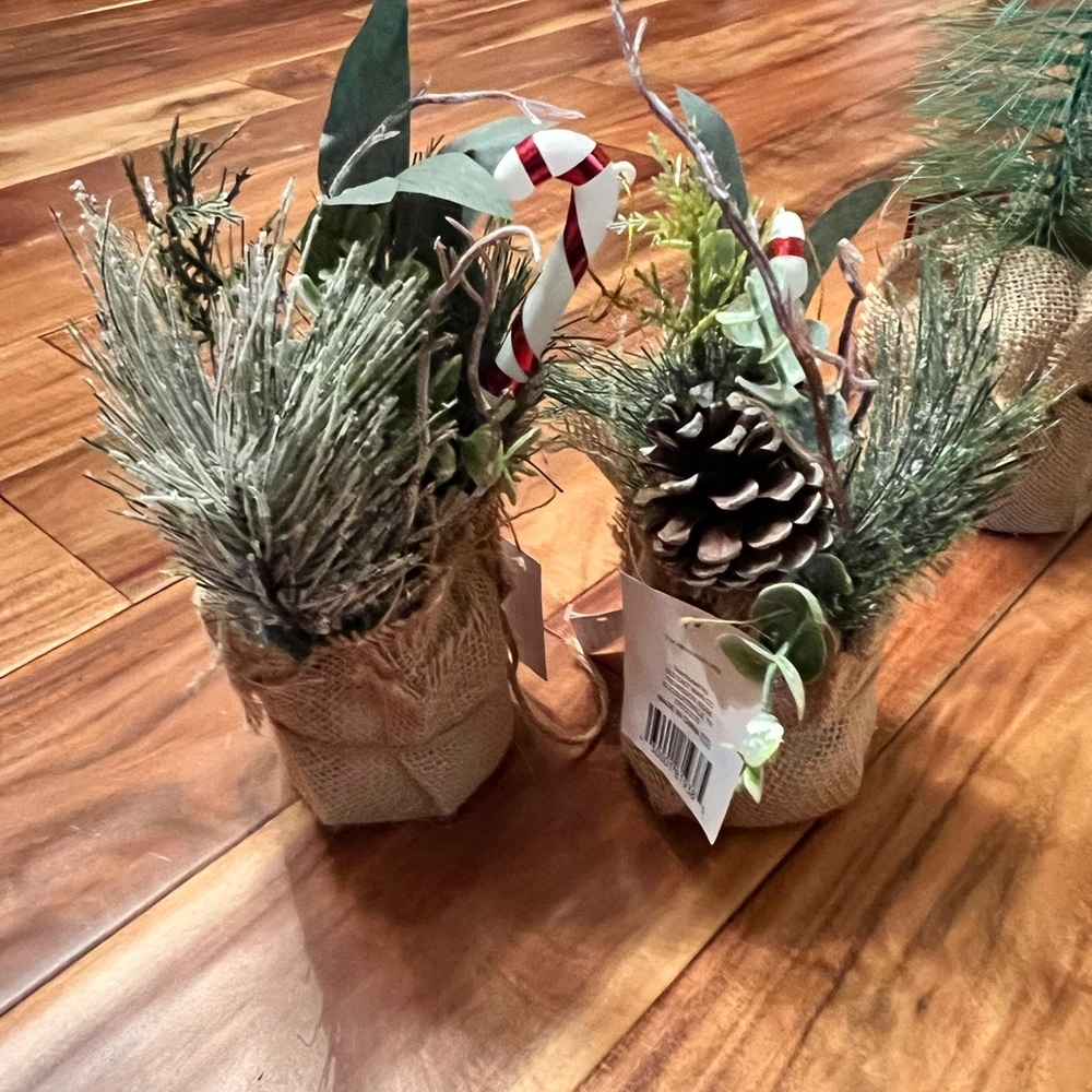 Burlap candy cane pine cone Christmas decor. Includes 2